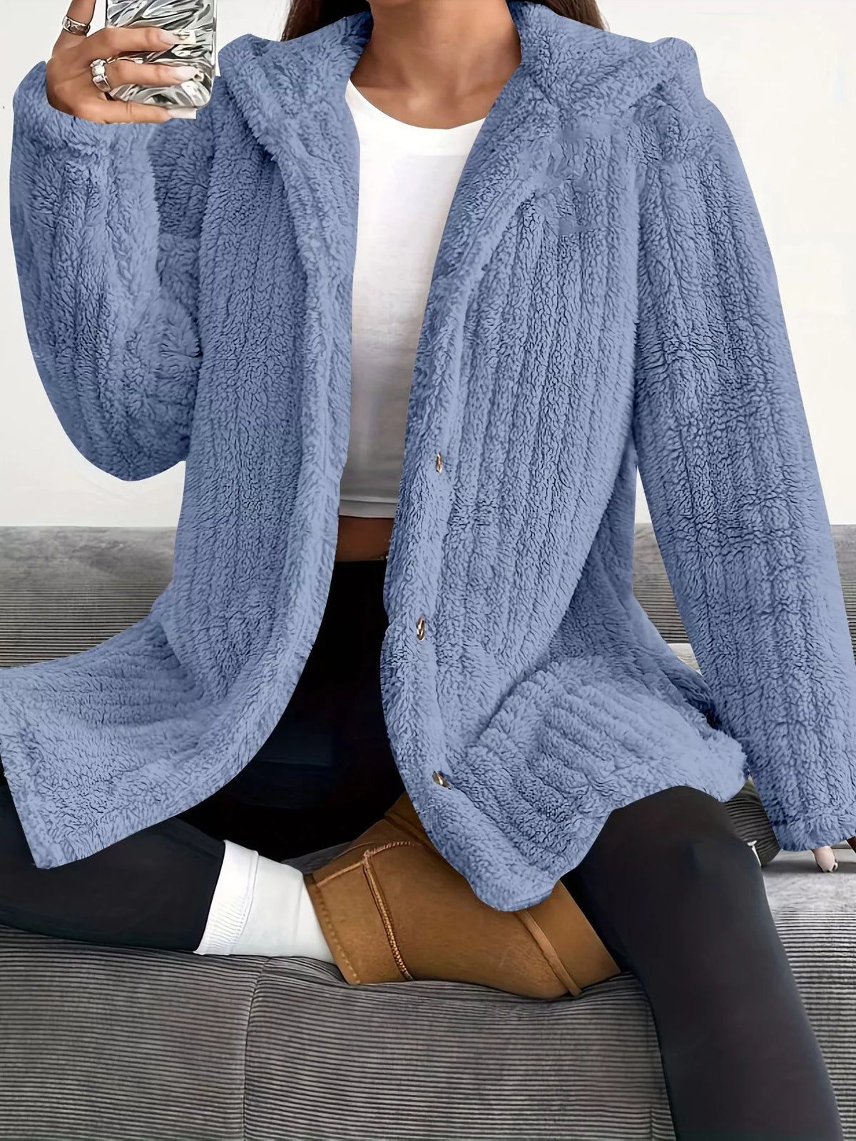 Full Size Fleece Button Up Hooded Outerwear Plus Size in Blue