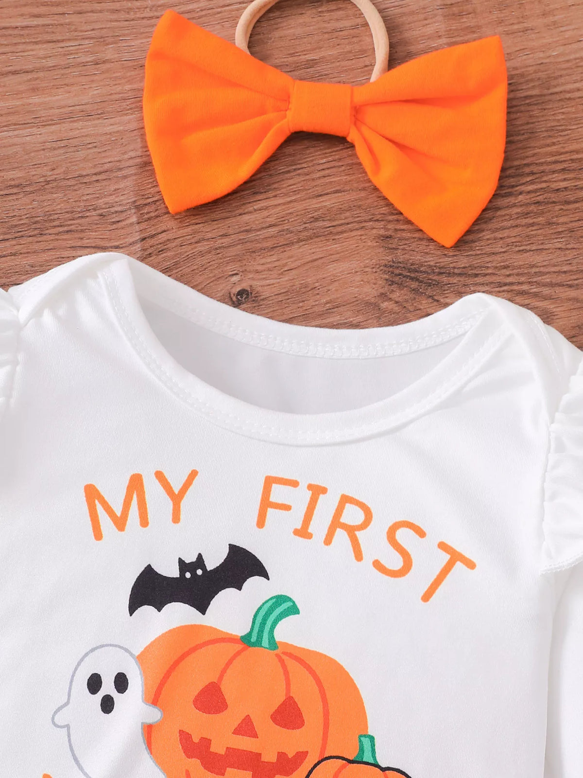 Children's Halloween Skull Print Long Sleeve Bodysuit and Pants Set with Bow Headband - Lilixa.store