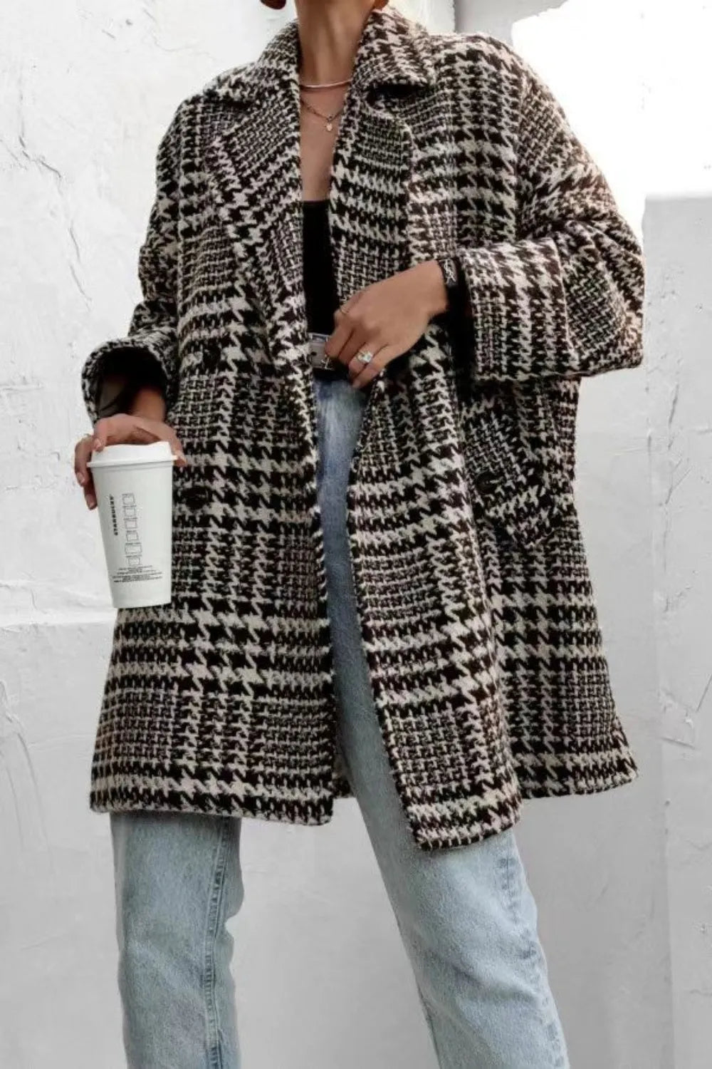 Houndstooth Collared Neck Long Sleeve Coat with Pockets in Brown