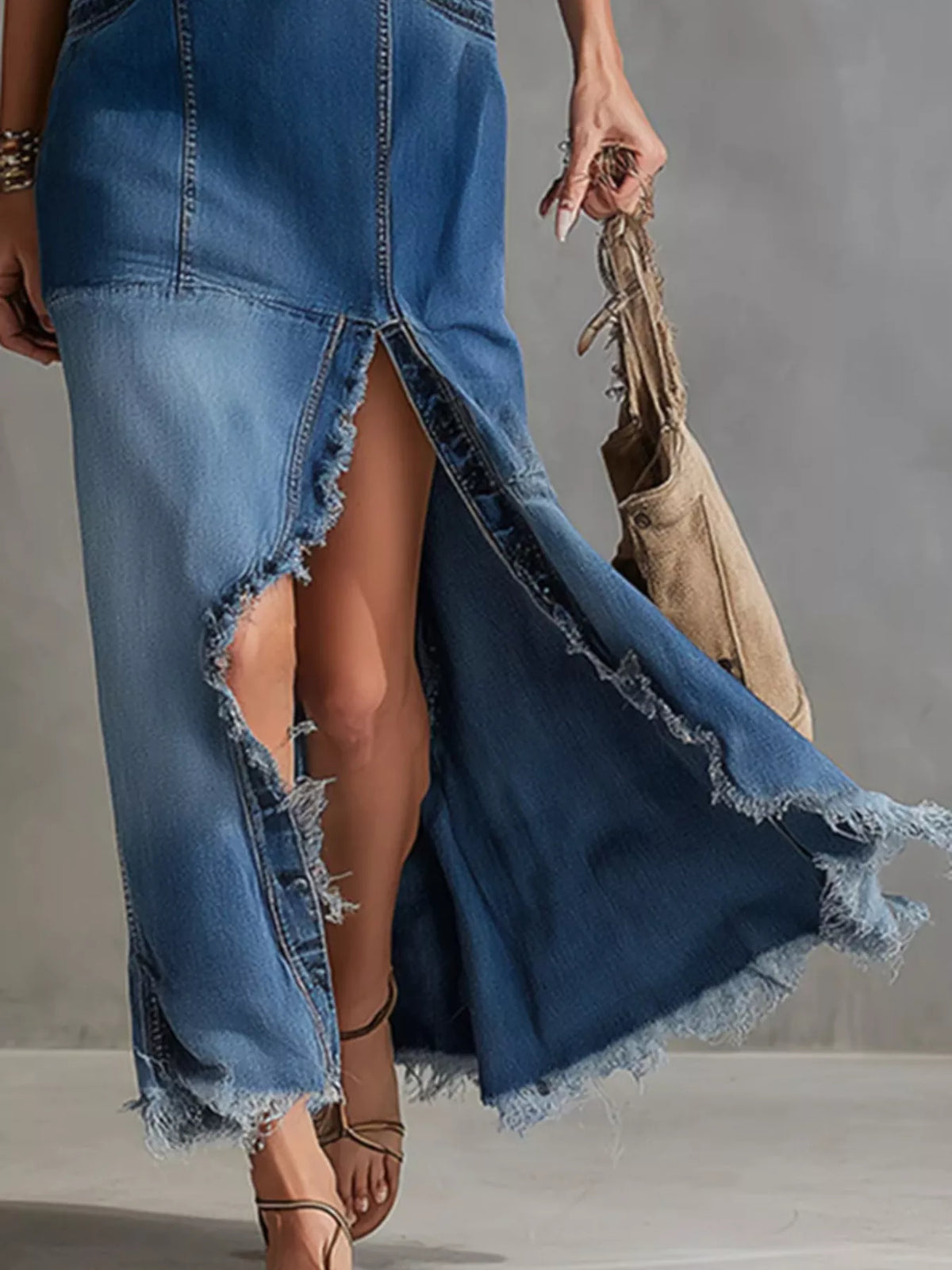 Sleeveless Frayed Hem V-Neck Denim Maxi Dress