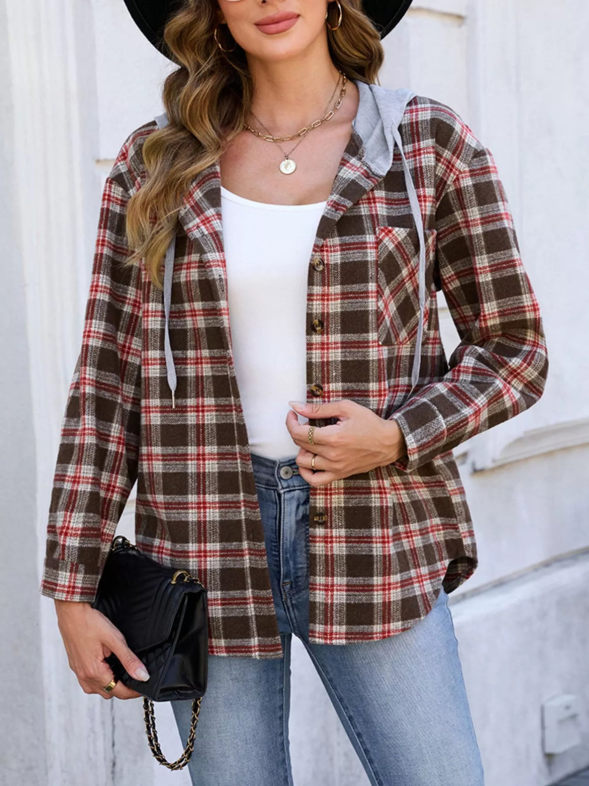 Hooded Plaid Button-Up Shacket, view 7