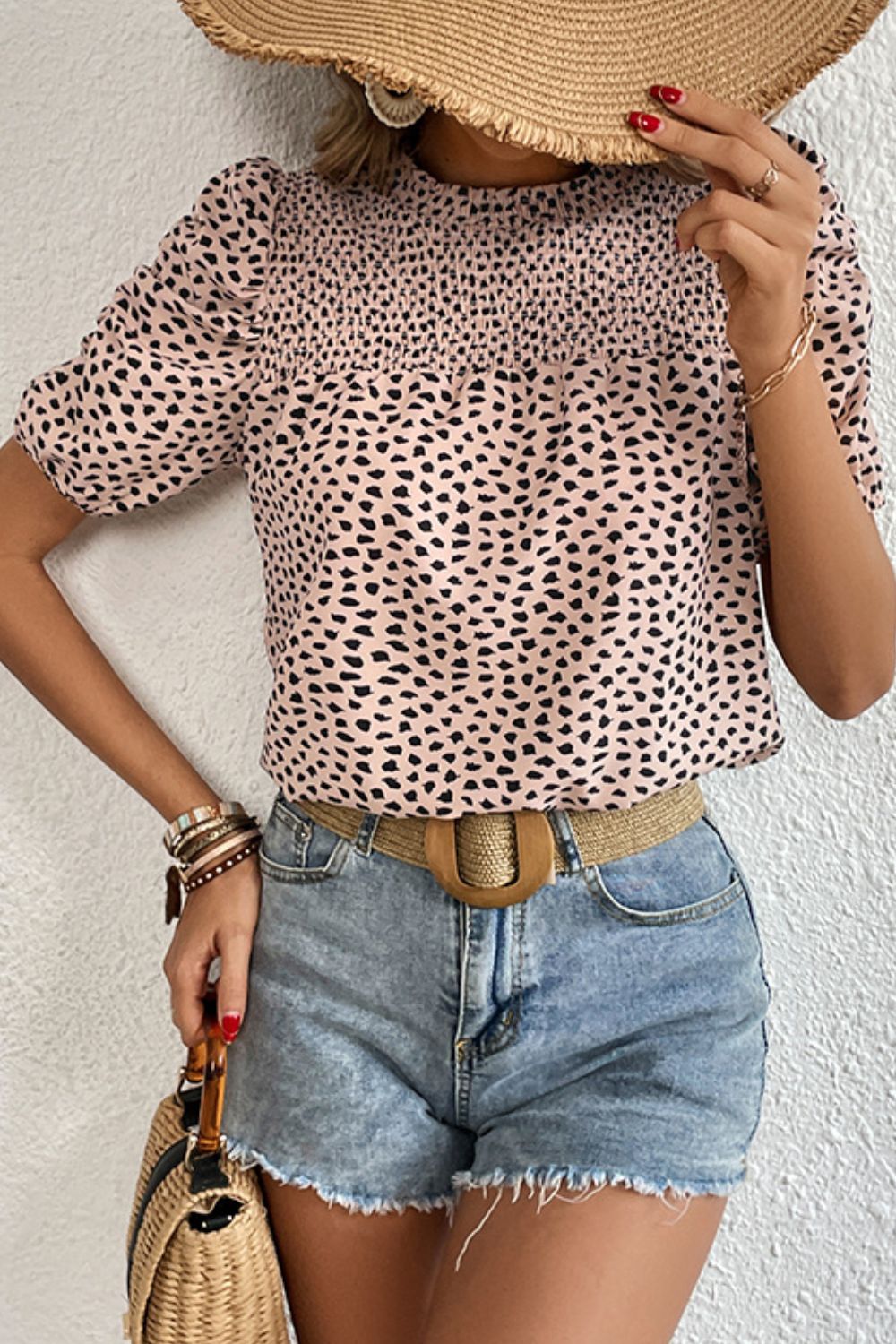 Perfee Printed Smocked Puff Sleeve Blouse in Apricot
