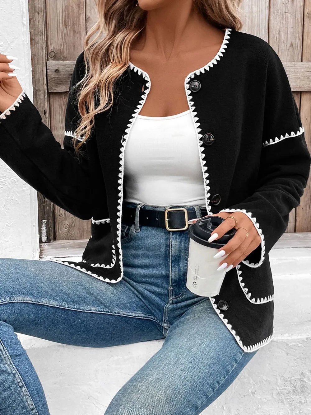 Perfee Pocketed Contrast Button Up Jacket in Black, view 5