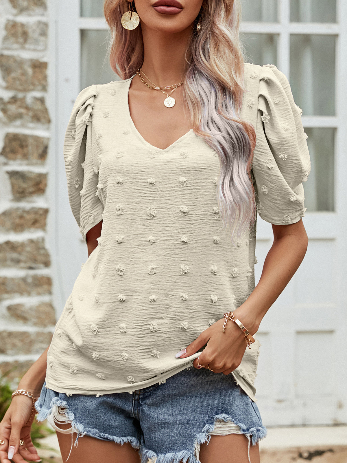 Swiss Dot Short Puff Sleeve Top, view 3