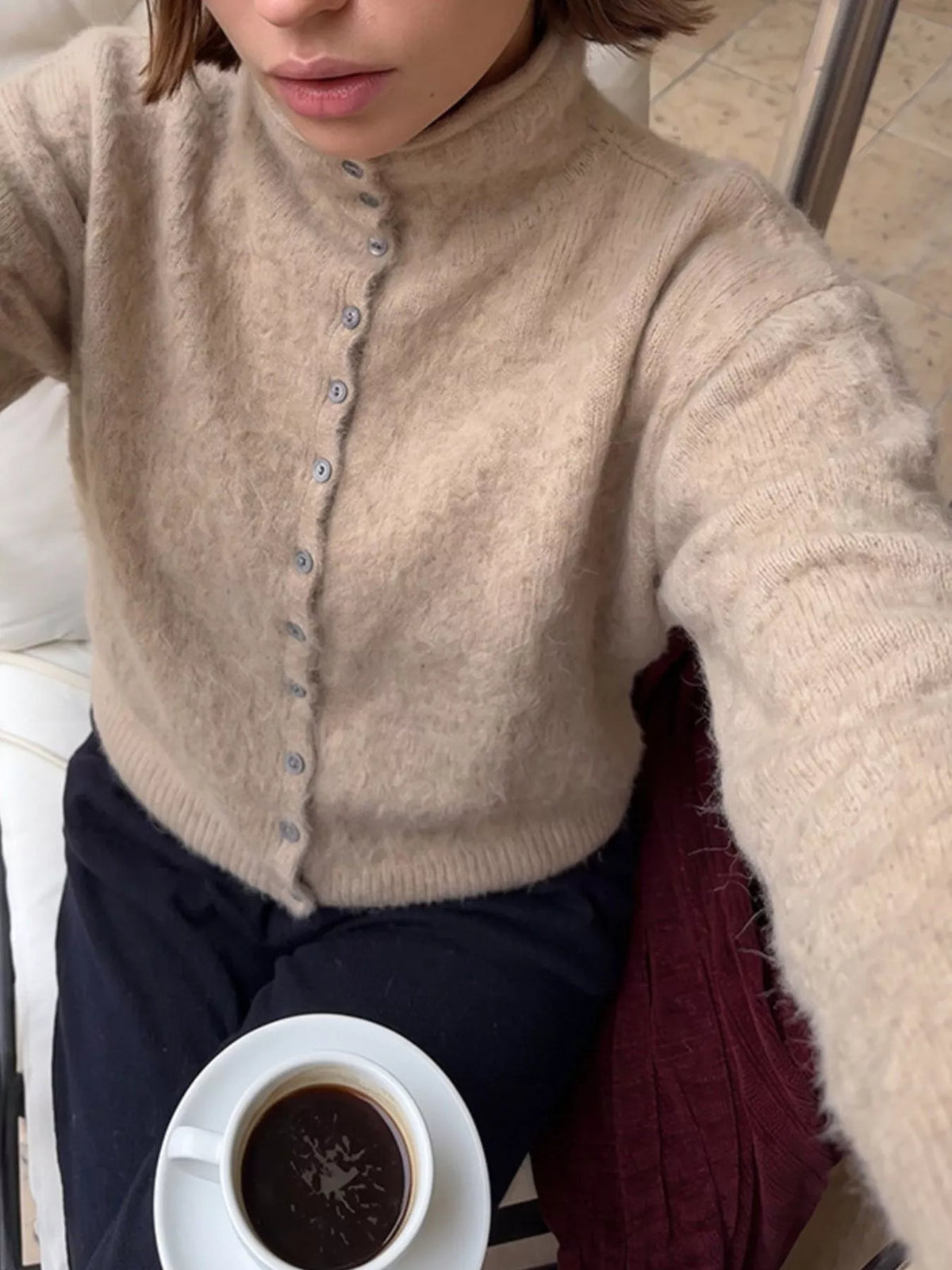 Mock Neck Button-Down Fuzzy Knit Cardigan, view 2