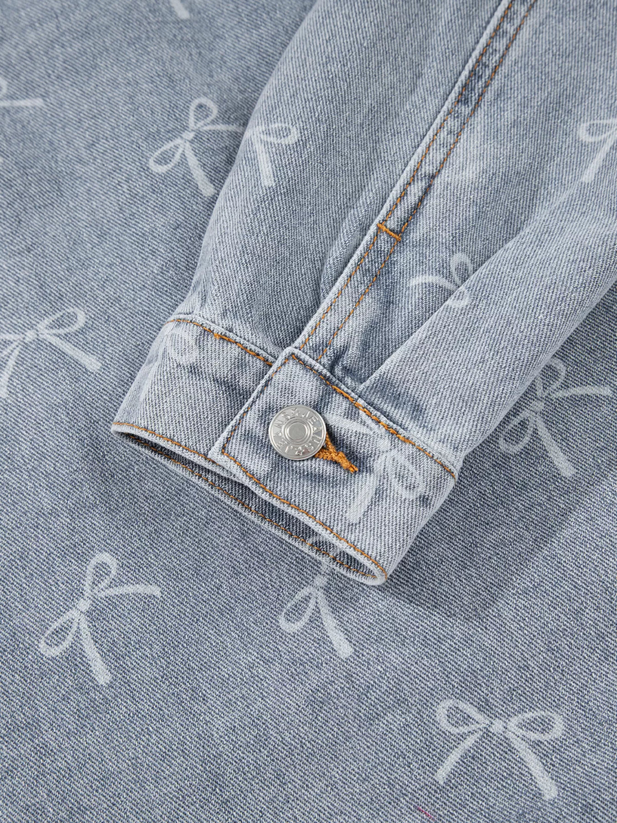 Bow Knot Print Light Wash Raw Hem Denim Jacket in Light Blue, view 11