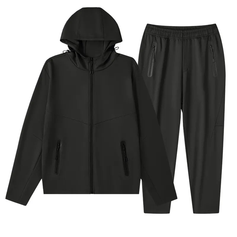 Men's Plus Size Drawstring Zip Up Hooded Top and Pants Set in Black