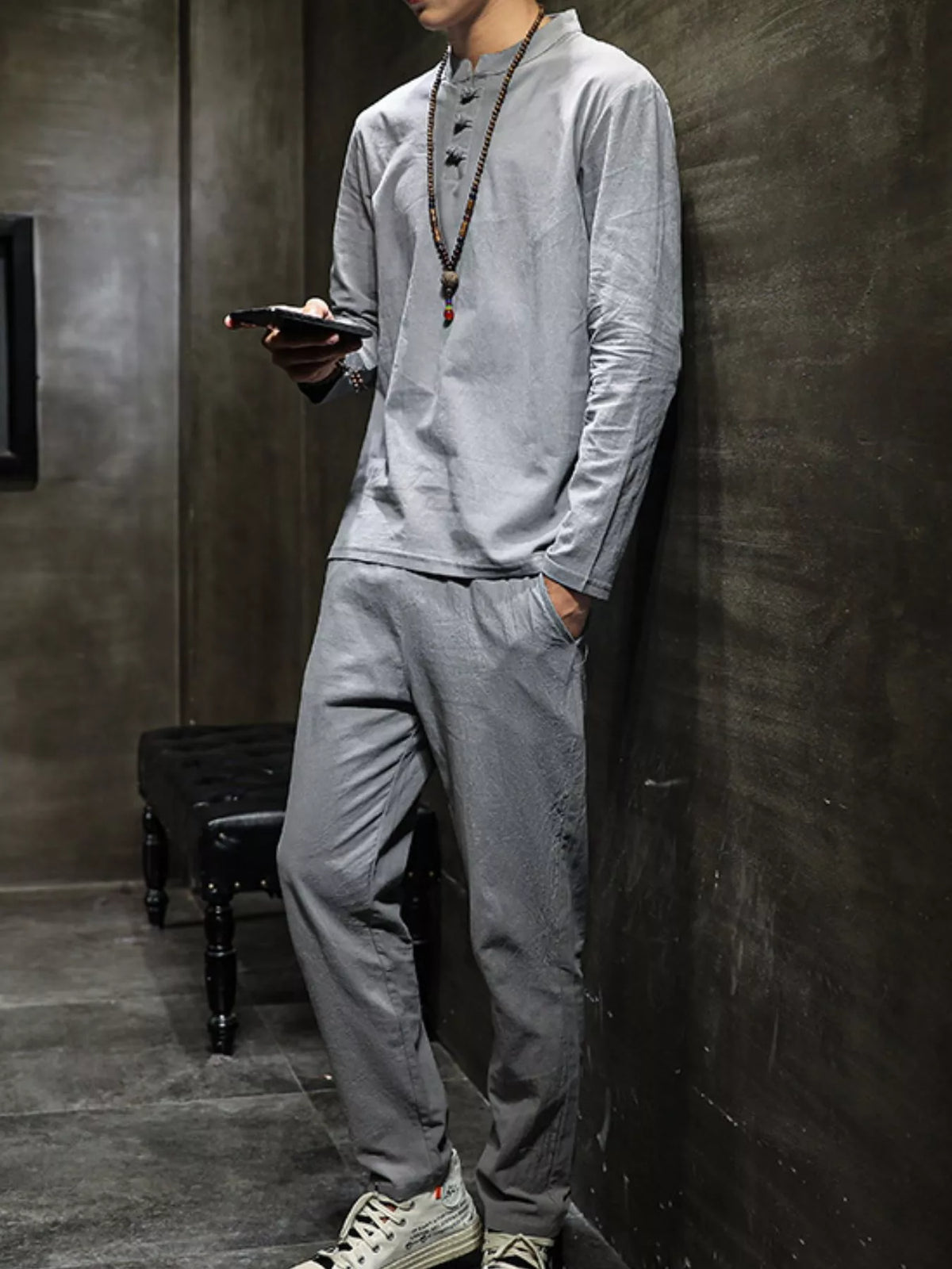 Men's Plus Size Button Detail Long Sleeve Top and Pants Set in Gray