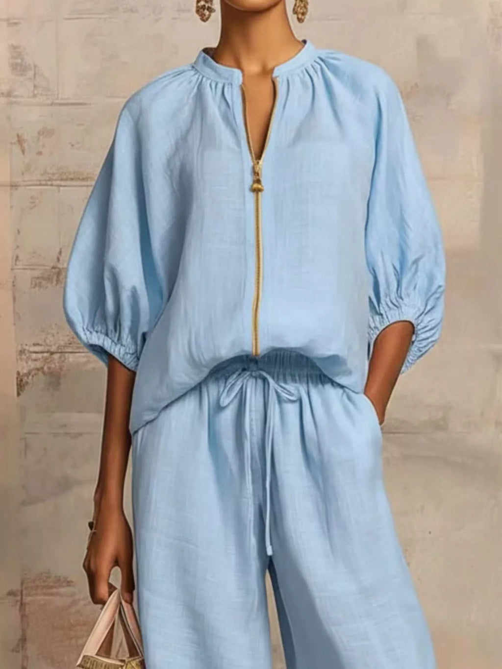 Full Size Zip-Front Top and Wide-Leg Pants Set Plus Size - Lilixa.store
