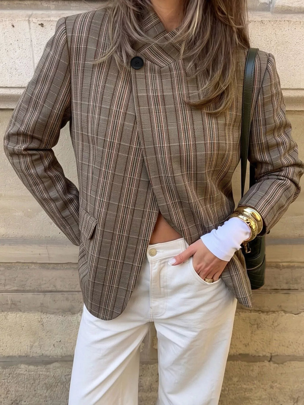 Plaid Single-Button Blazer - Lilixa.store