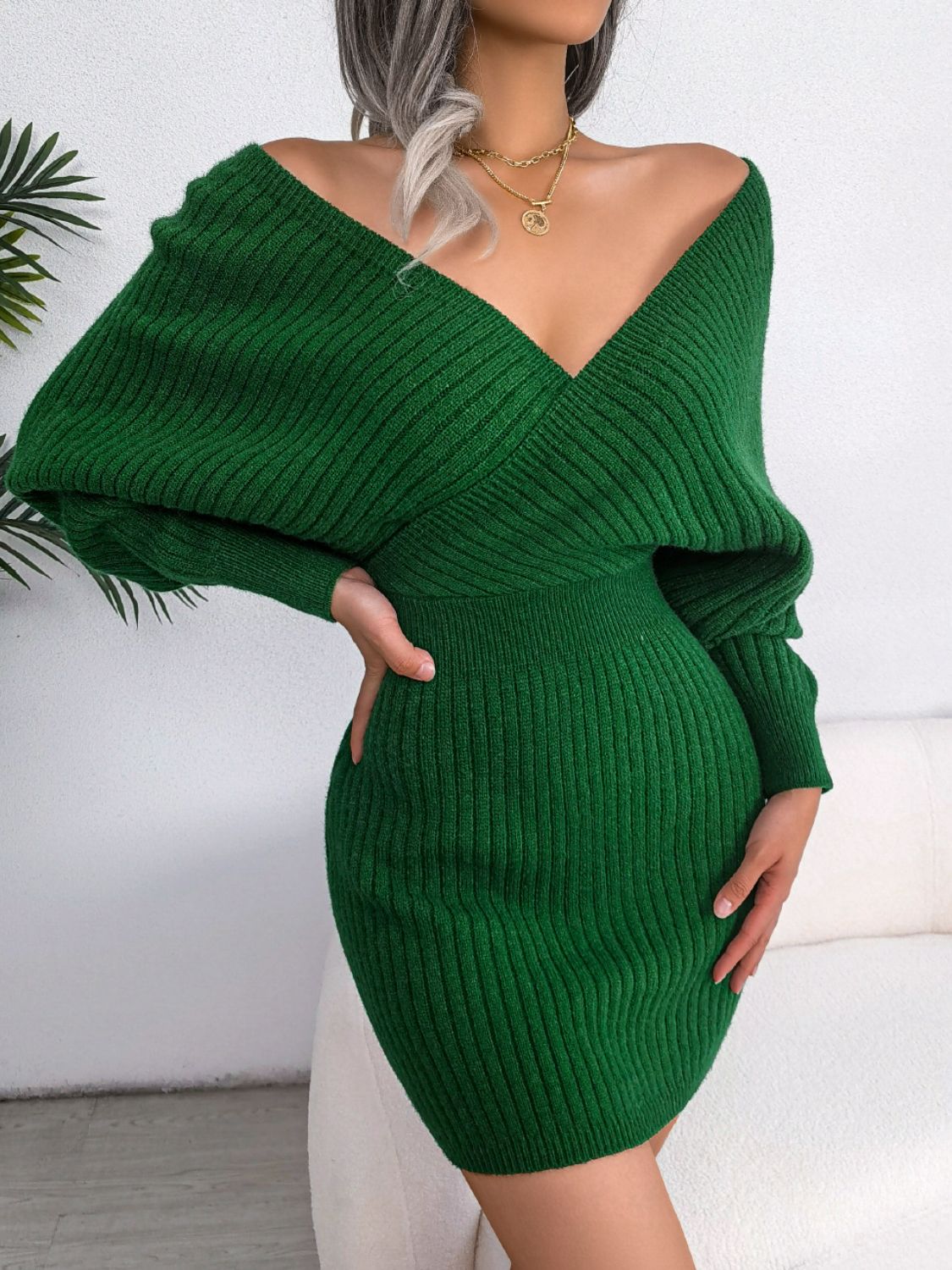 Rib-Knit Dolman Sleeve Sweater Dress in Green