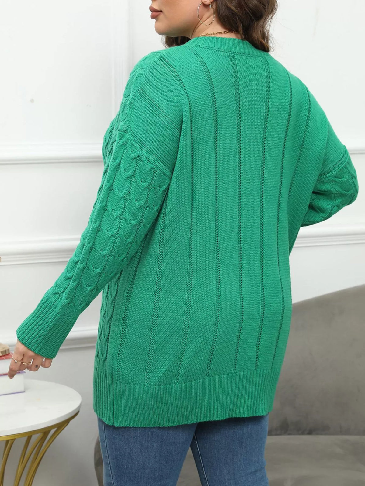 Plus Size Cable Knit Dropped Shoulder Sweater - Lilixa.store