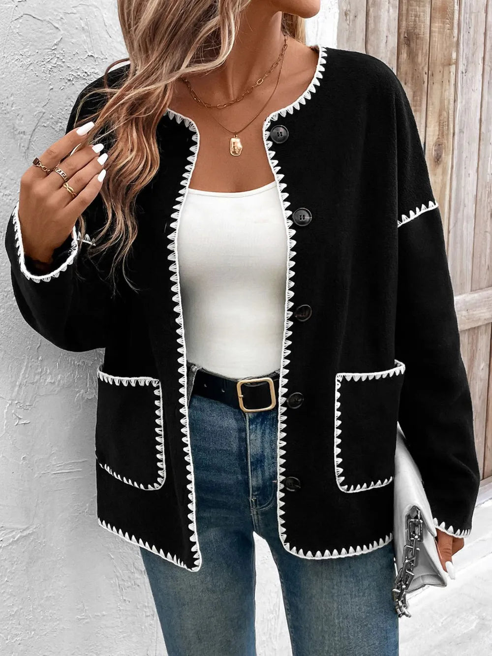 Perfee Pocketed Contrast Button Up Jacket in Black, view 6