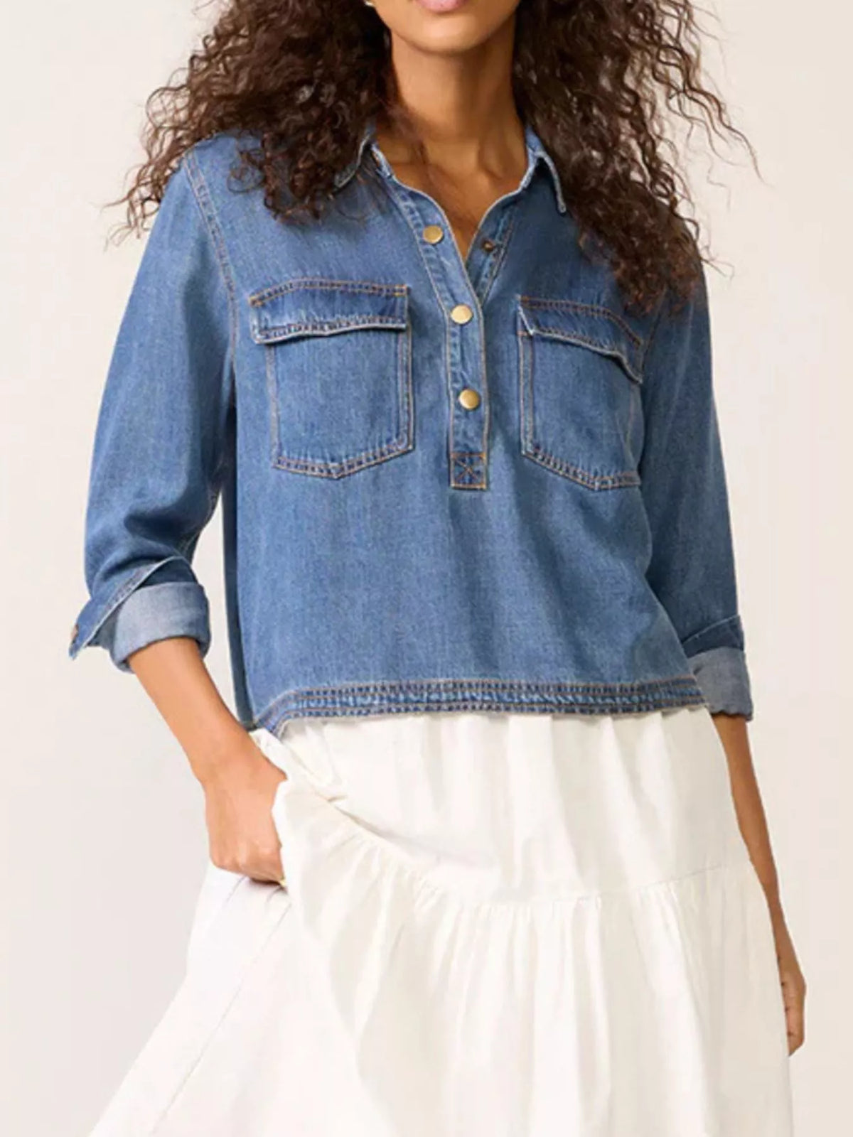 Half Snap Cropped Denim Top - Lilixa.store