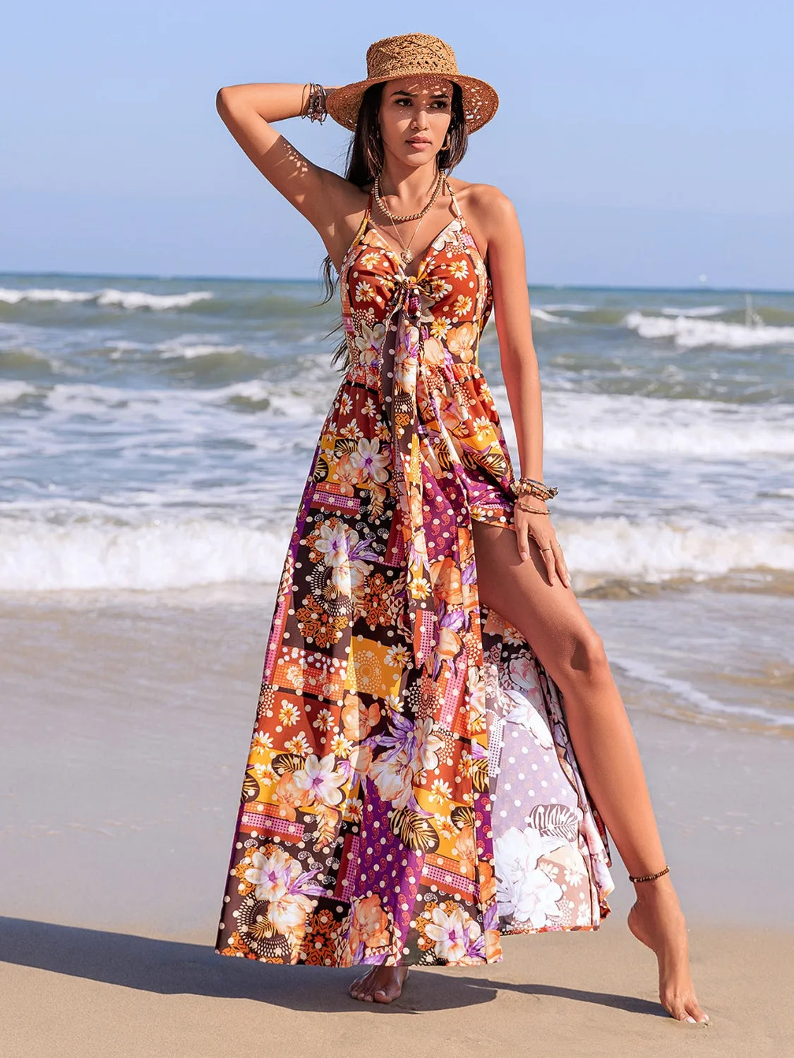 Slit Printed Halter Neck Cami Dress in Multicolor, view 6