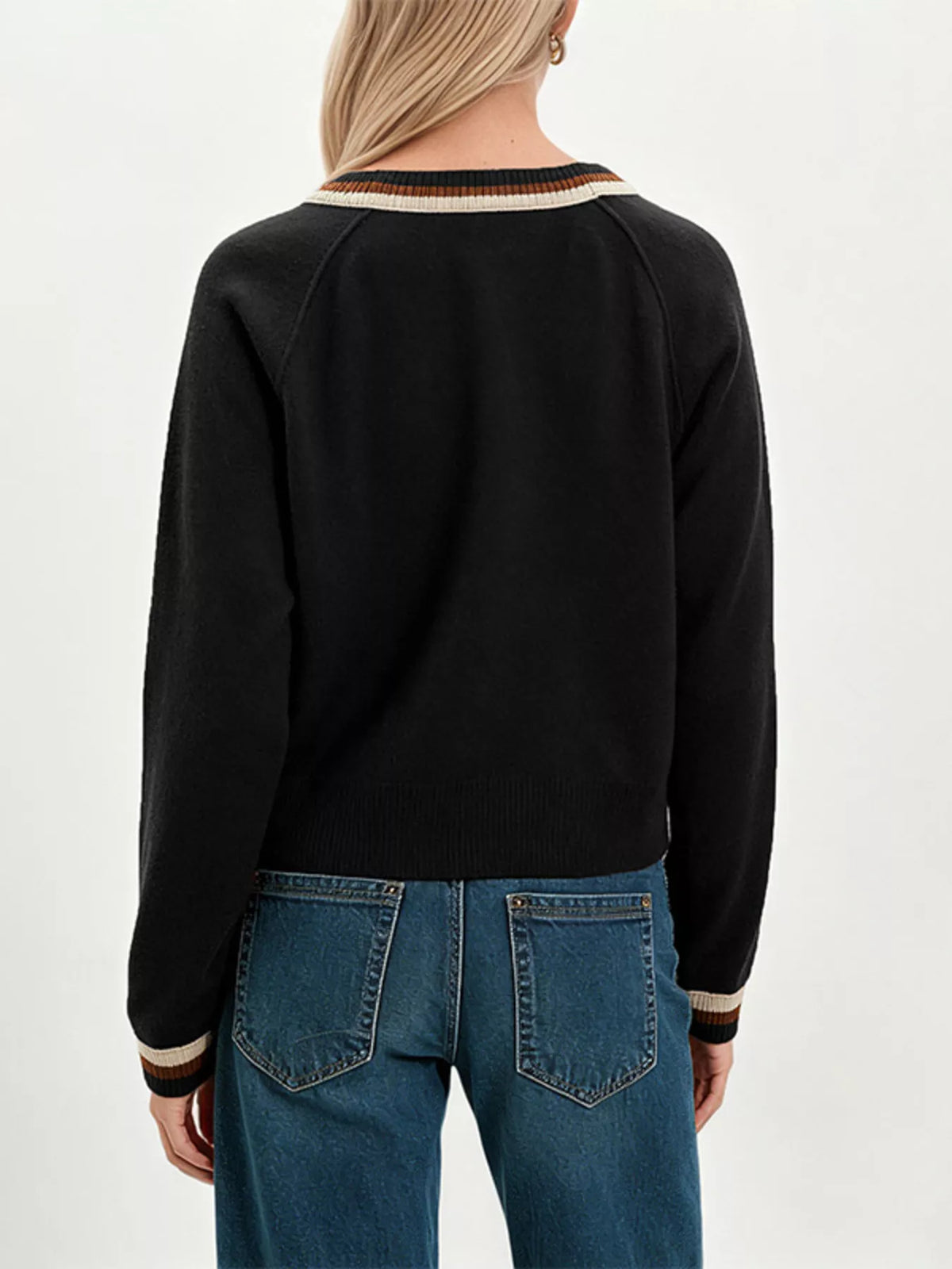 Striped Trim Button-Down Cardigan - Lilixa.store