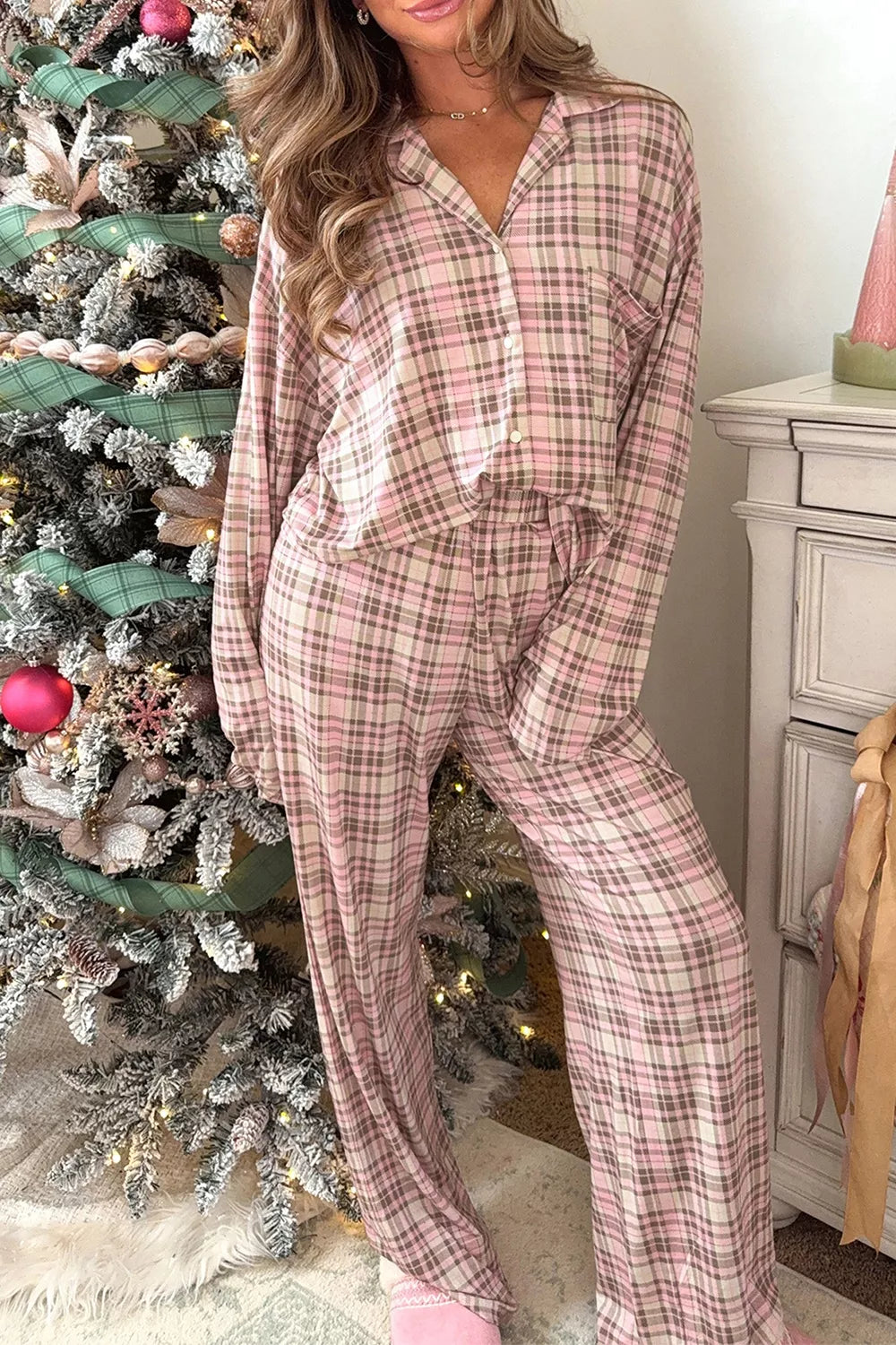 Plaid Patch Pockets Long Sleeve Lounge Set - Lilixa.store
