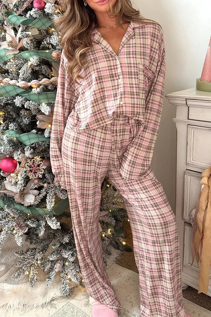 Plaid Patch Pockets Long Sleeve Lounge Set - Lilixa.store