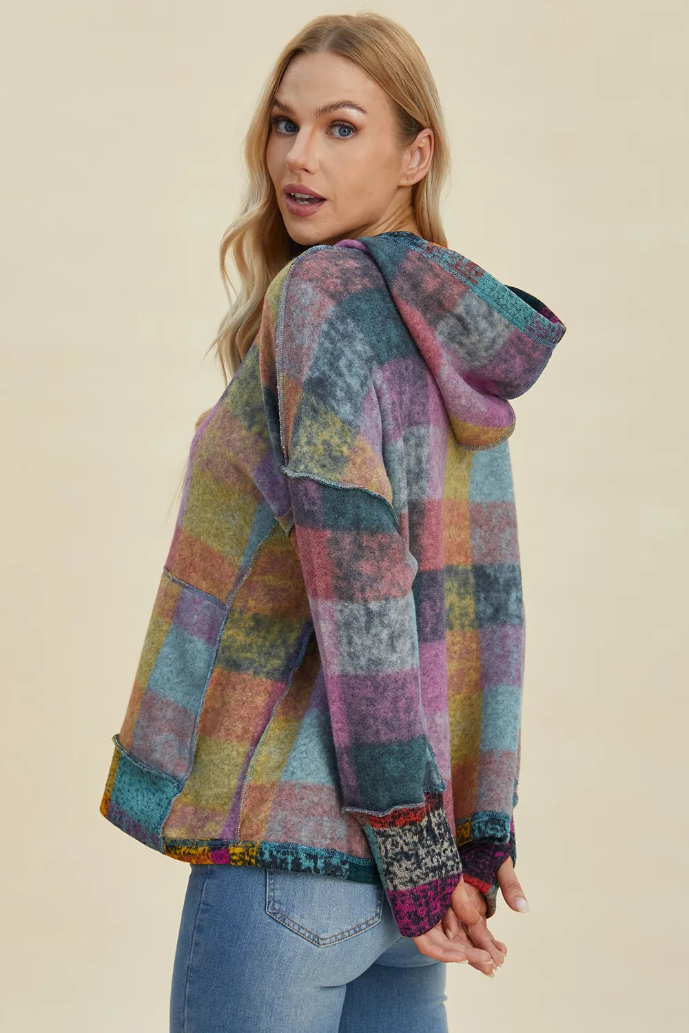 Double Take Full Size Plaid Dropped Shoulder Fleece Hoodie Plus Size - Lilixa.store