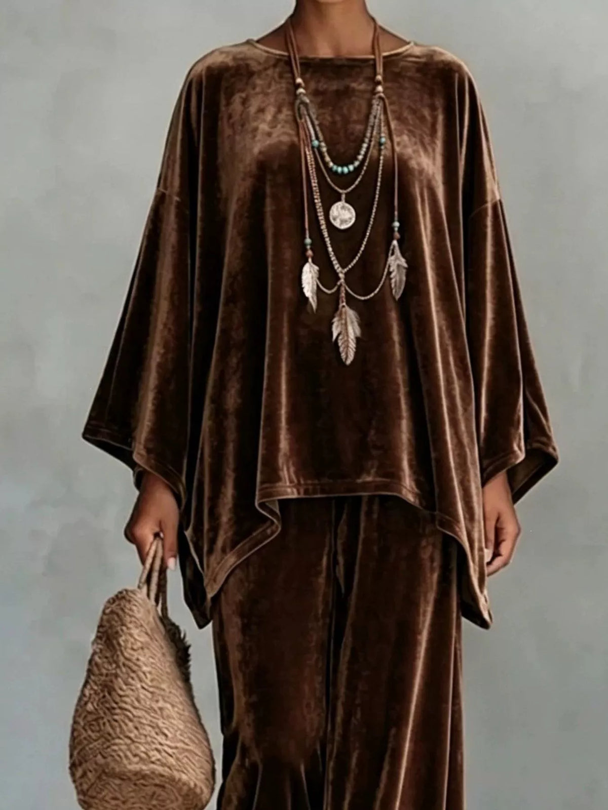 Full Size Asymmetrical Top and Wide Leg Pants Set Plus Size, view 5