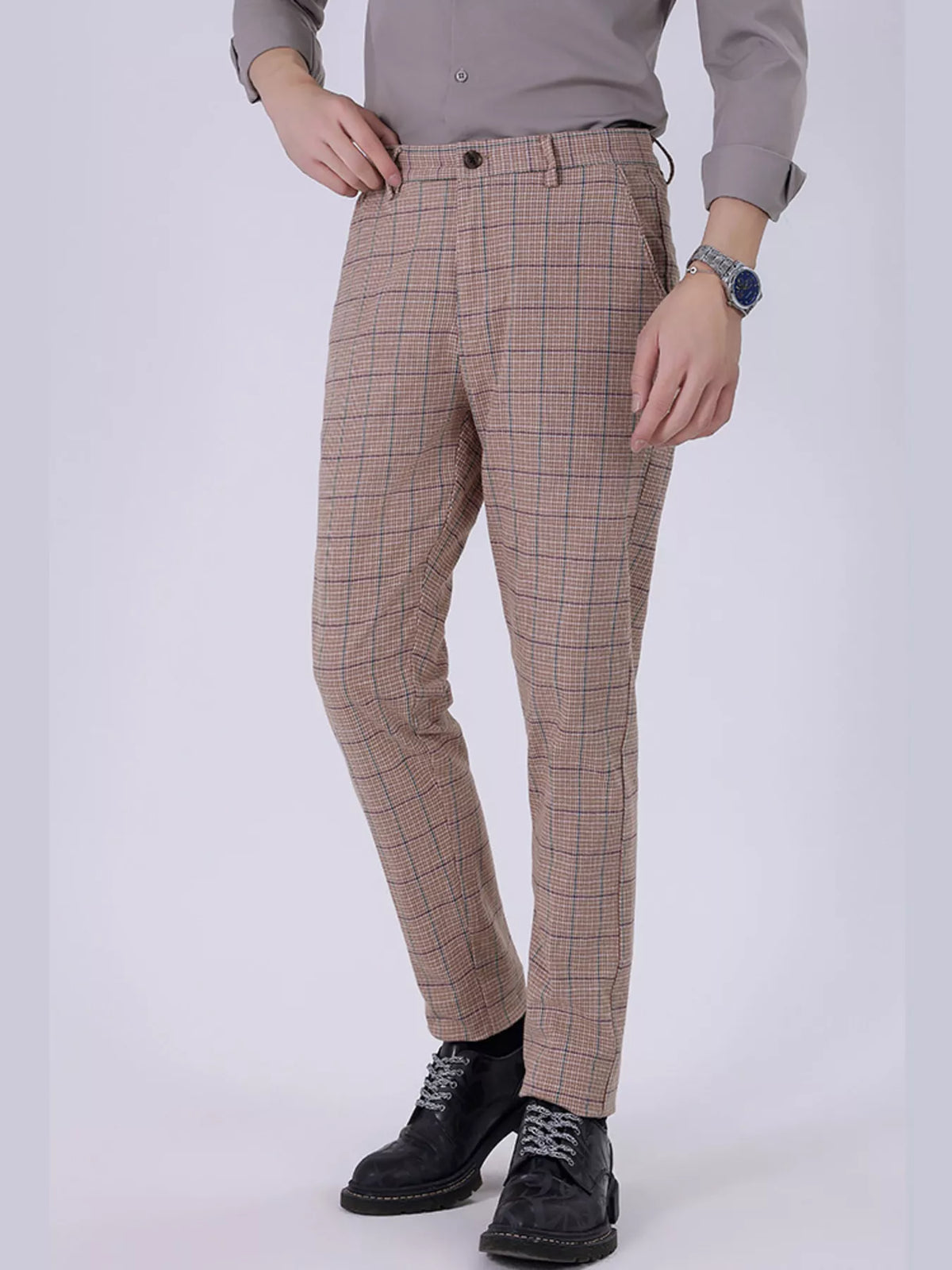 Men's Slim Fit Plaid Pants in Orange
