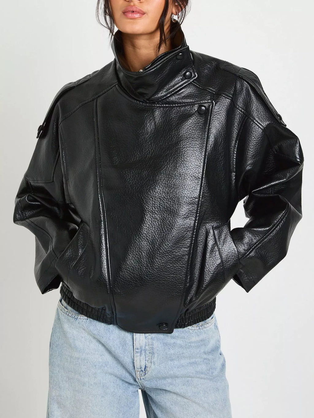 Faux Leather Moto Jacket with Asymmetrical Zip - Lilixa.store