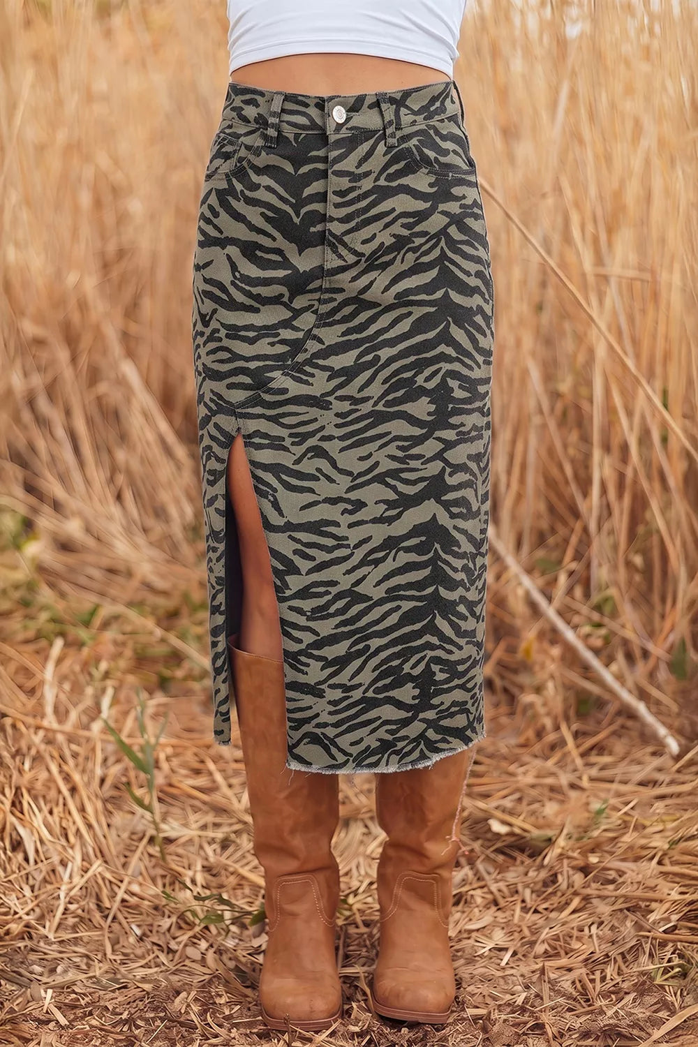 Animal Print Side Split Frayed Hem Denim Midi Skirt