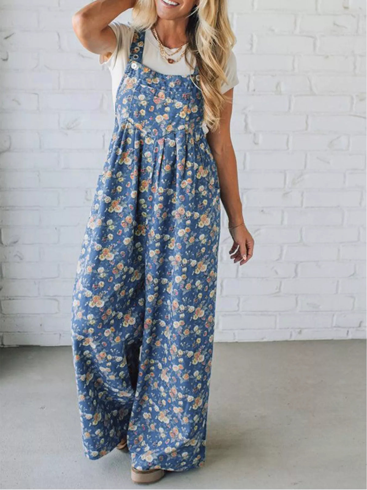 Floral Print Wide Leg Denim Overalls in Light Blue