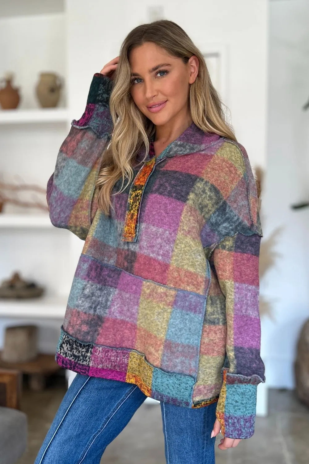 Double Take Full Size Plaid Dropped Shoulder Fleece Hoodie Plus Size - Lilixa.store