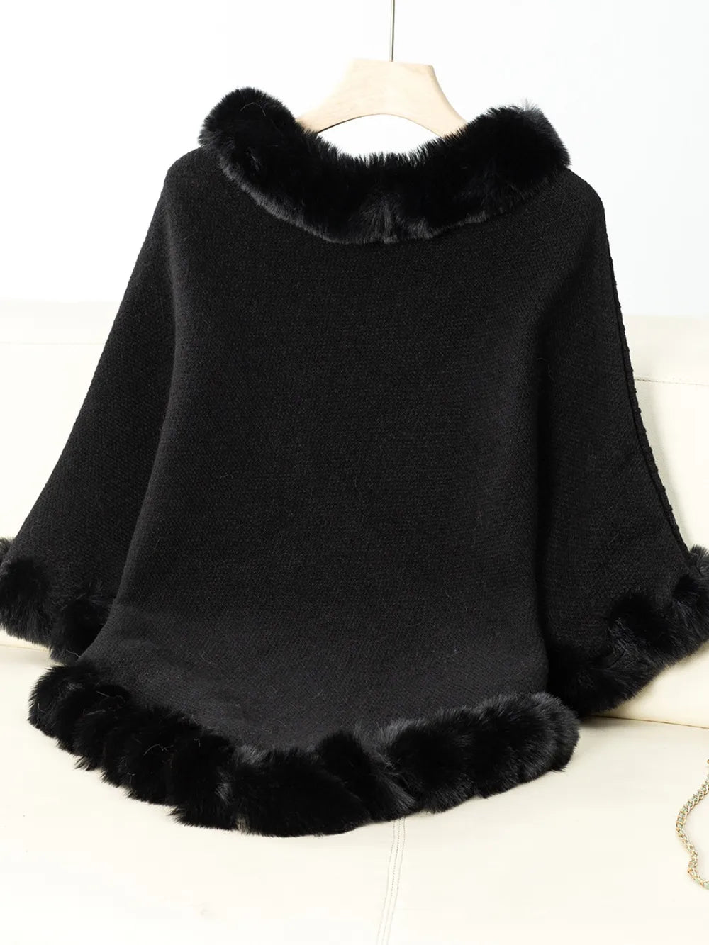 Fuzzy Trim Texture Three-Quarter Sleeve Poncho - Lilixa.store