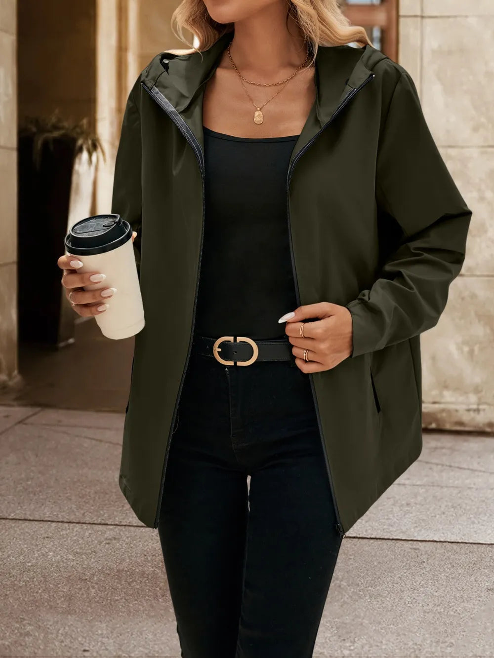 Ivy Lane Pocketed Zip Up Hooded Jacket in Army Green