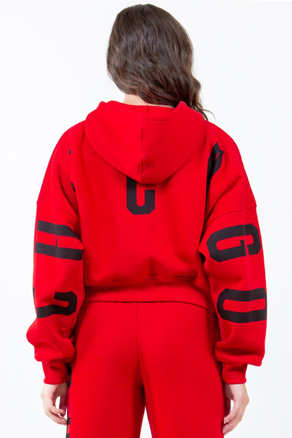 American Bazi Letter Graphic Long Sleeve Drawstring Cropped Hoodie - Lilixa.store