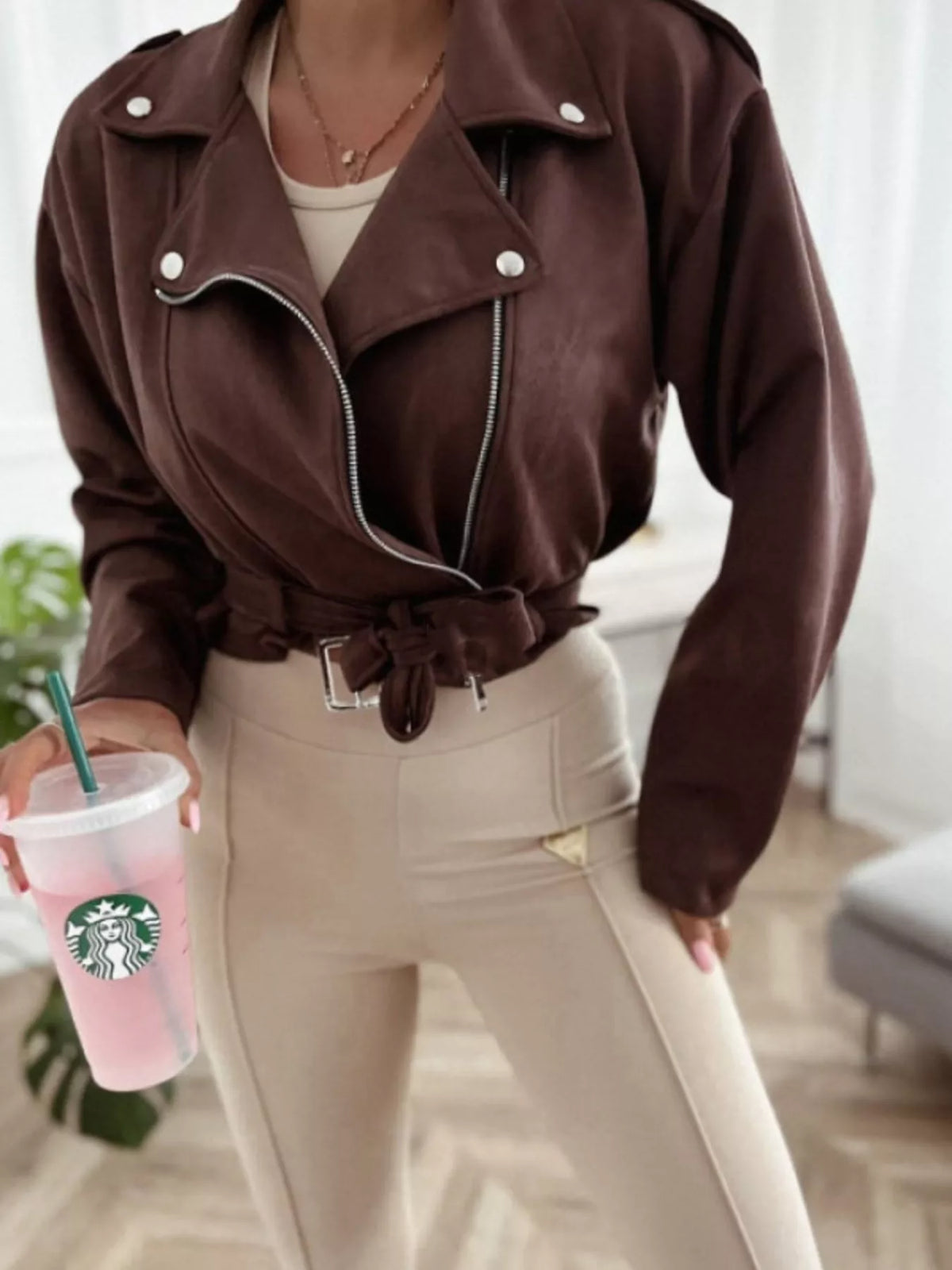 Cropped Biker Jacket with Belt Detail in Brown