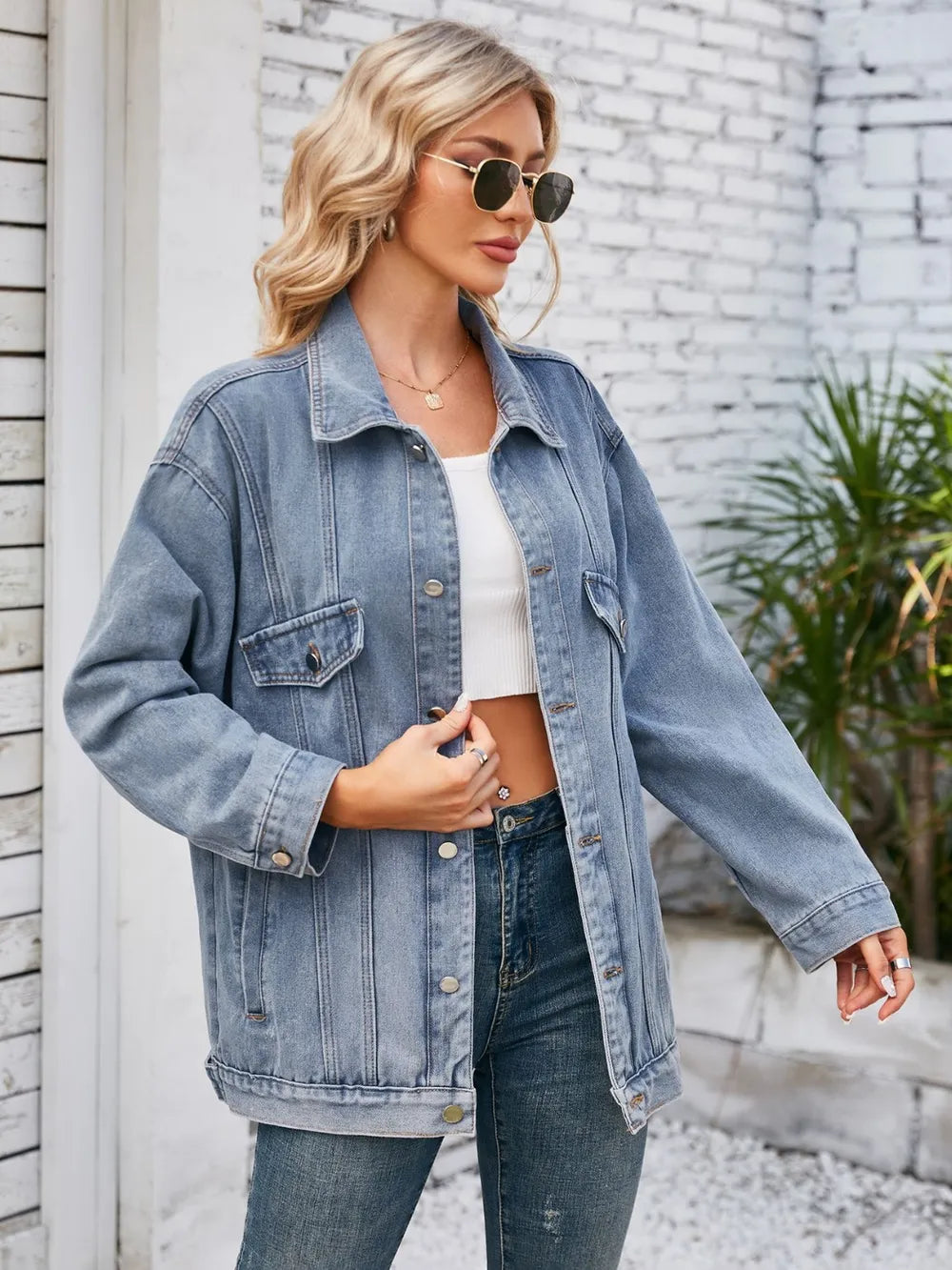 Button Up Long Sleeve Denim Jacket, view 2