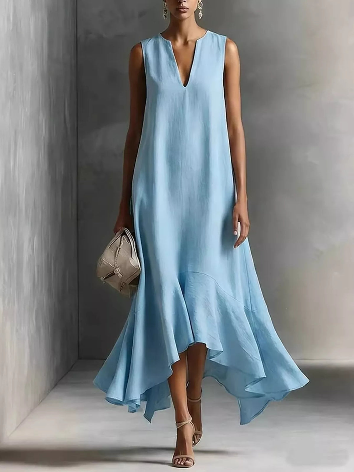 Ruffled Hem Sleeveless Notched Dress