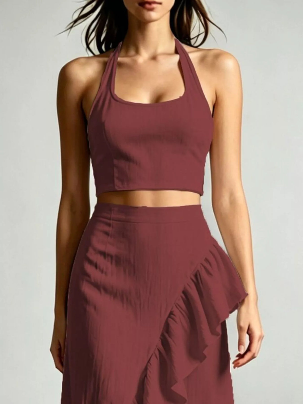 Halter Neck Crop Top and High-Low Maxi Skirt Two-Piece Set