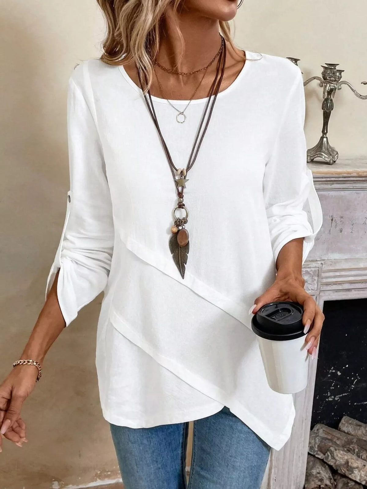 Asymmetrical Hem Solid Color Linen Blouse, view 5
