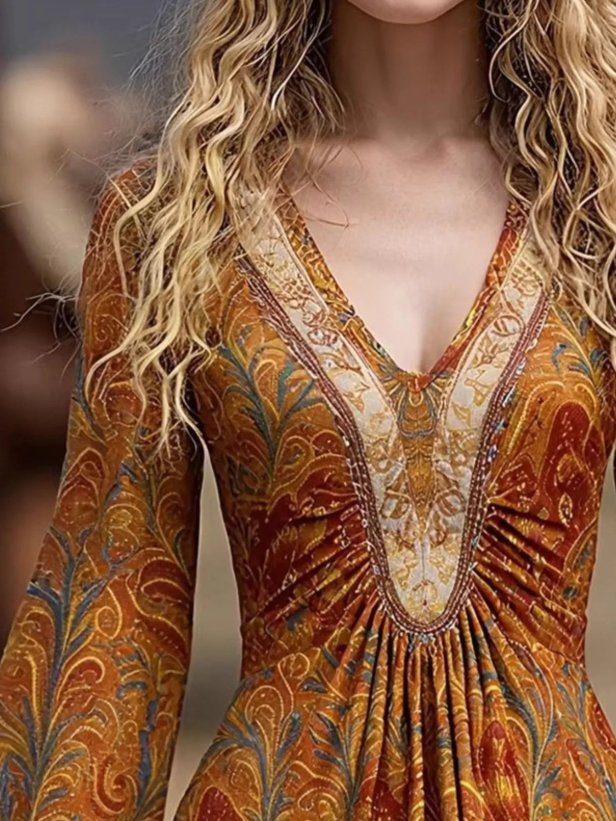 Printed V-Neck Flare Sleeve Dress