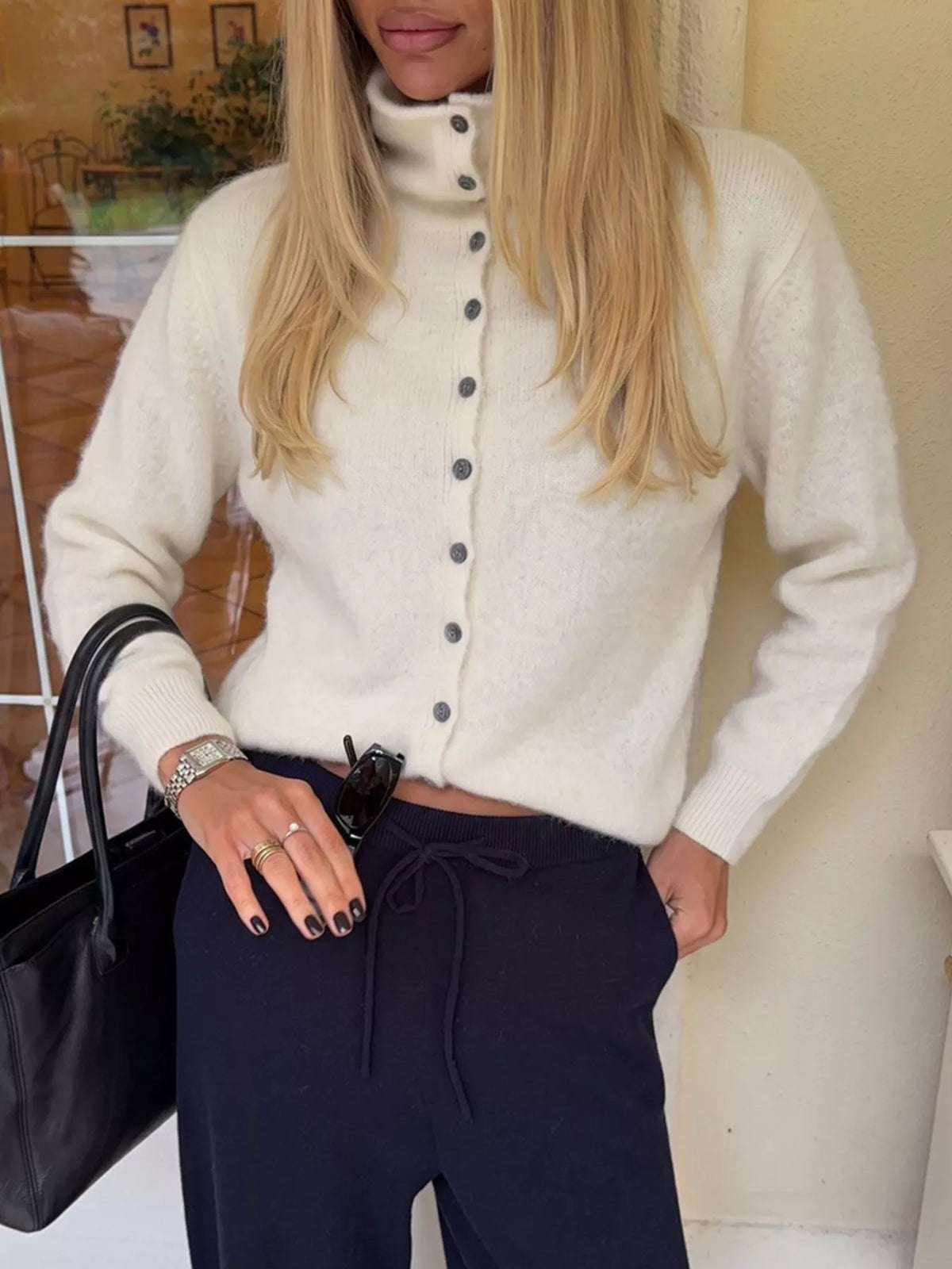 Mock Neck Button-Down Fuzzy Knit Cardigan, view 9
