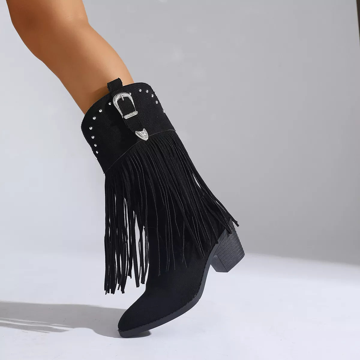 Fringe Round Toe Block Heels Boots - Lilixa.store