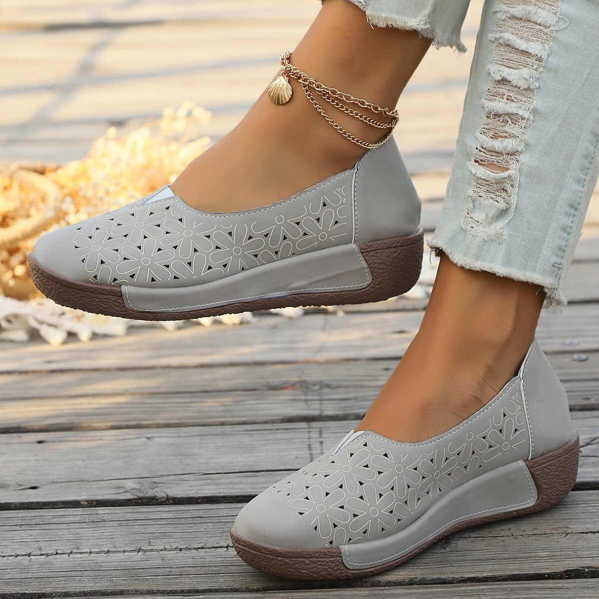 Hollow-Out Casual Loafers in Grey