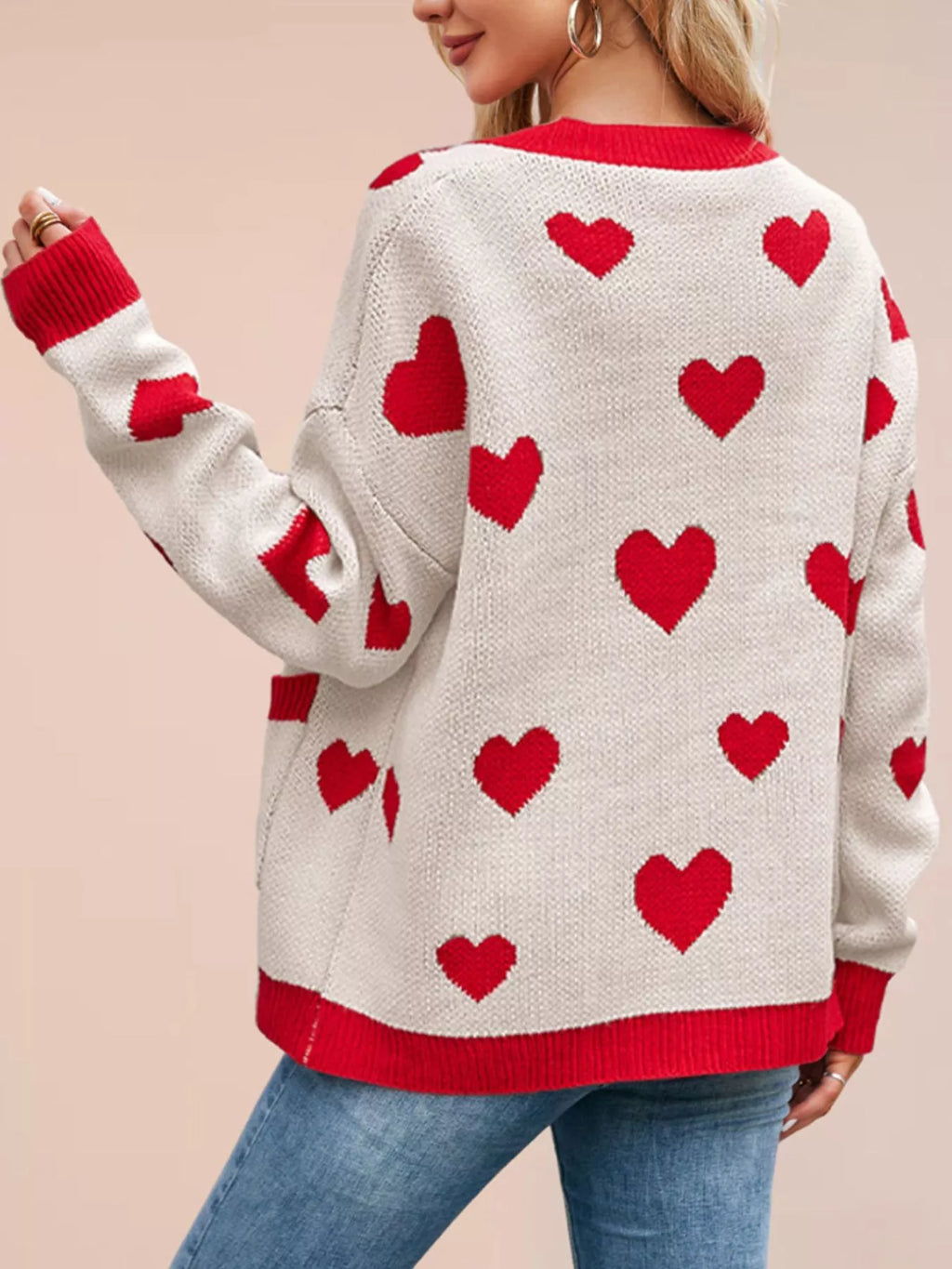 Heart Pattern V-Neck Button-Down Knit Cardigan - Lilixa.store
