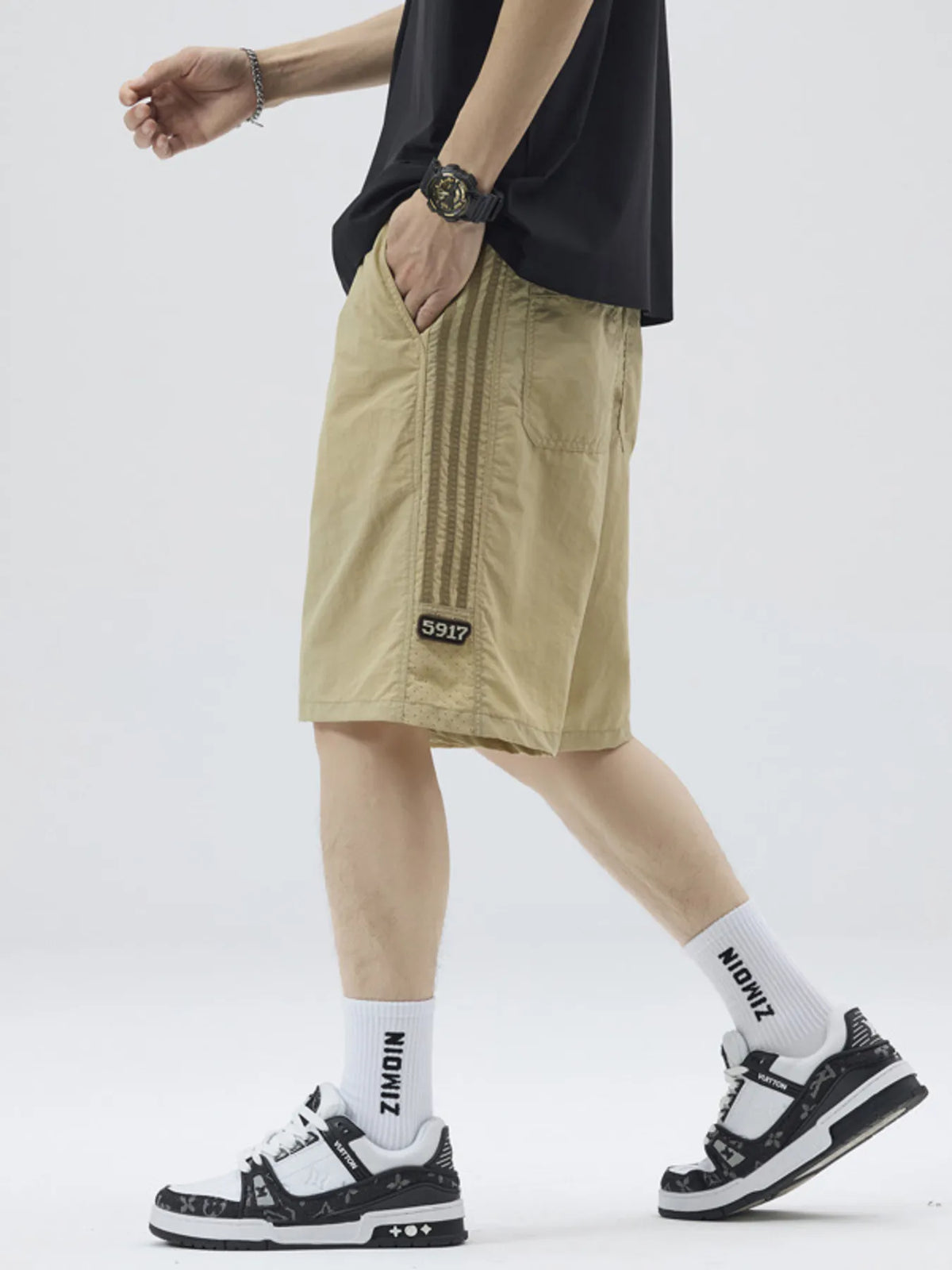 Men's Full Size Casual Loose-Fit Drawstring Shorts with Stripe Detail Plus Size, view 3