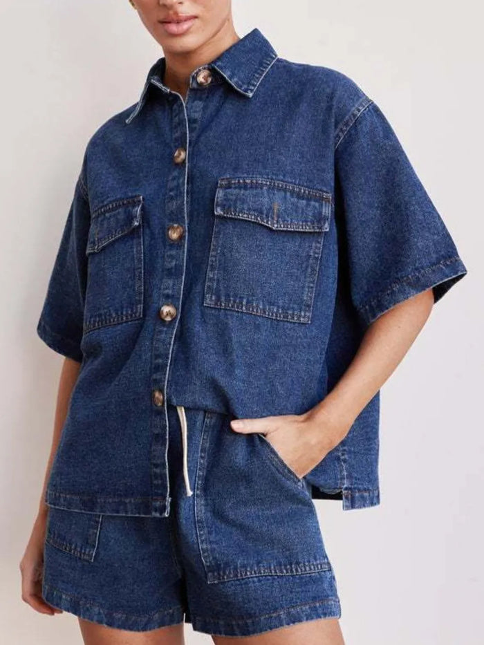 Button Up Half Sleeve Denim Shirt - Lilixa.store