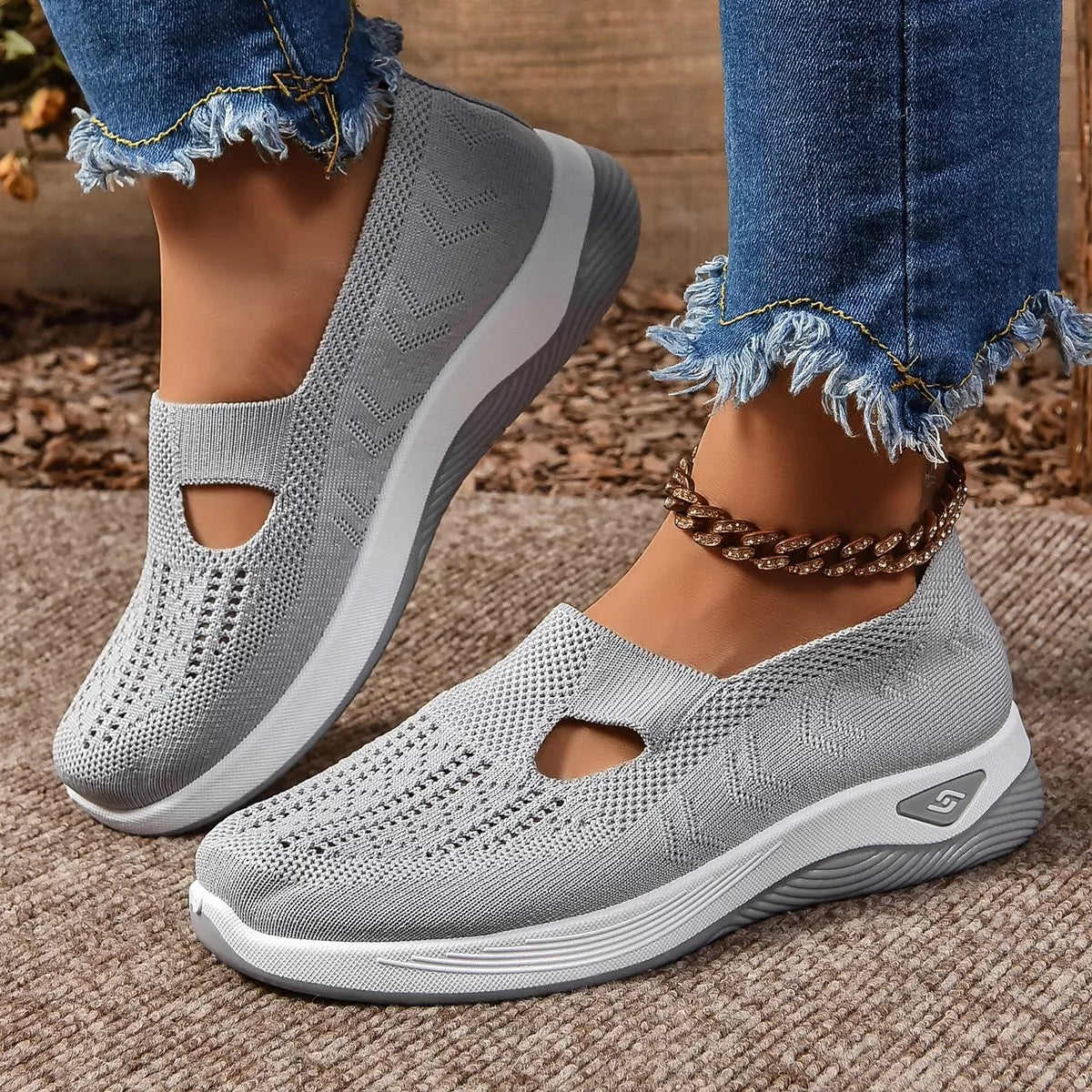 Round Toe Mesh Slip-Ons in Grey