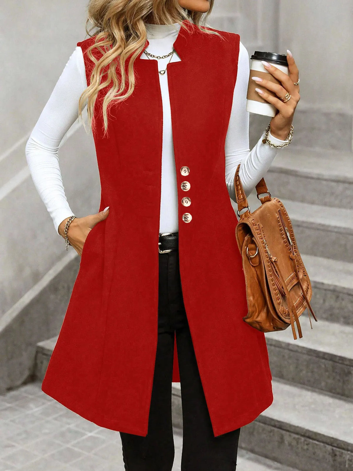Button Up Longline Vest Coat in Red