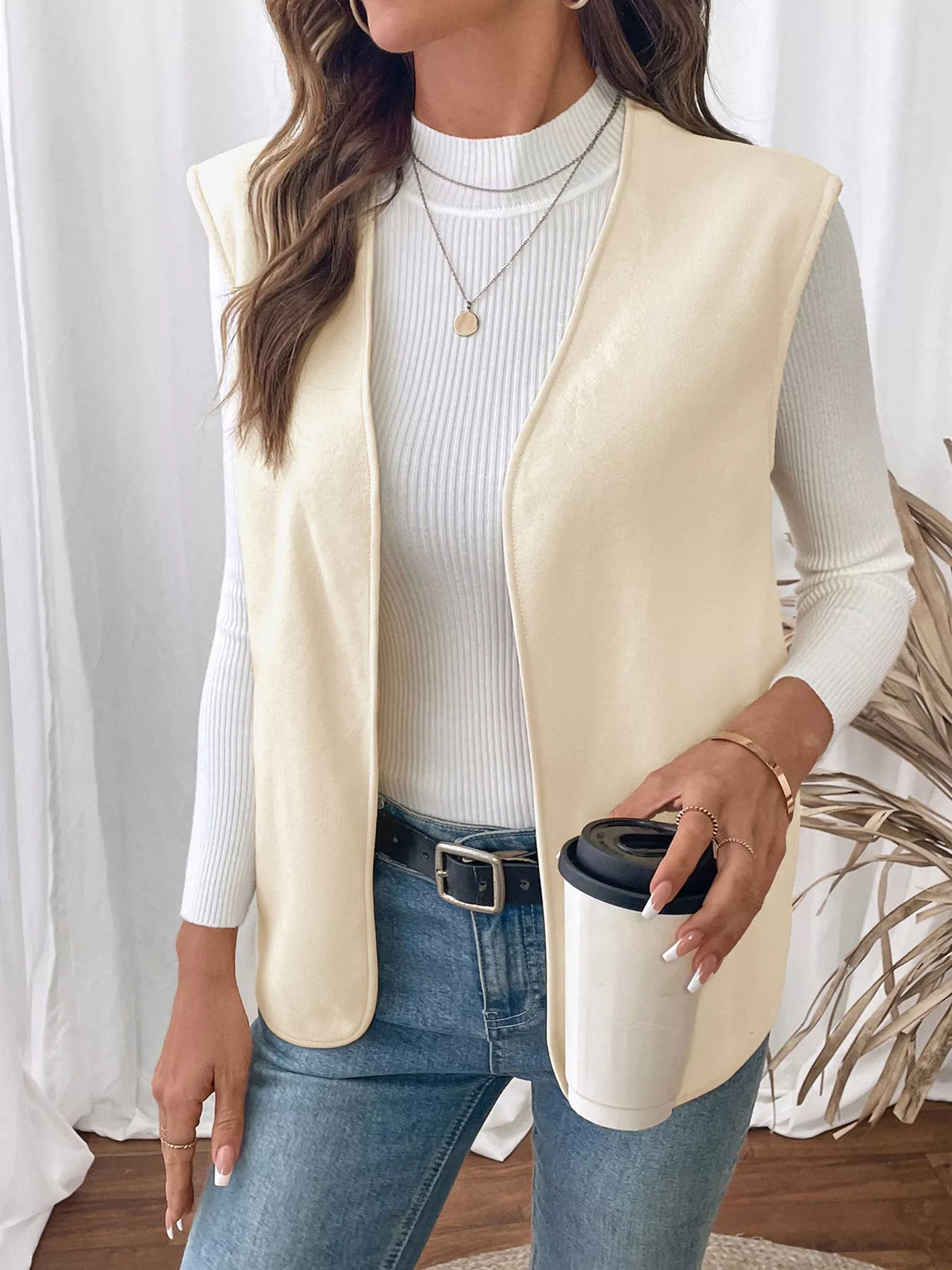 Full Size Open Front Vest Coat Plus Size in Apricot, view 4