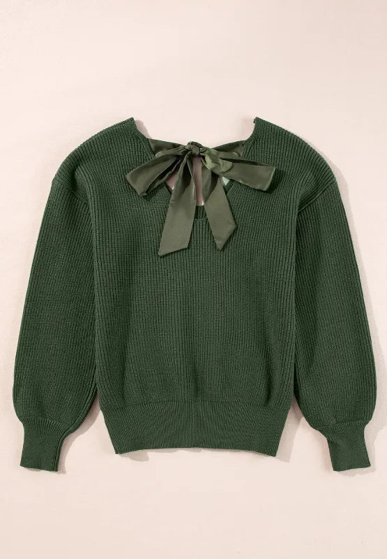 Tied Back V-Neck Long Sleeve Sweater - Lilixa.store