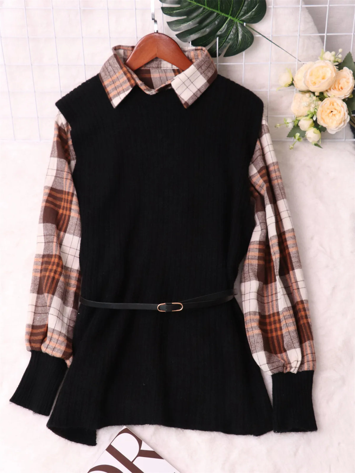 Plaid Long Sleeve Sweater Dress in Black
