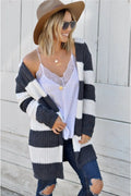 Contrast Stripes Open Front Long Sleeve Cardigan - Lilixa.store